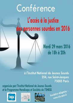 Affiche de la conférence "L'accès à la justice pour les personnes sourdes"